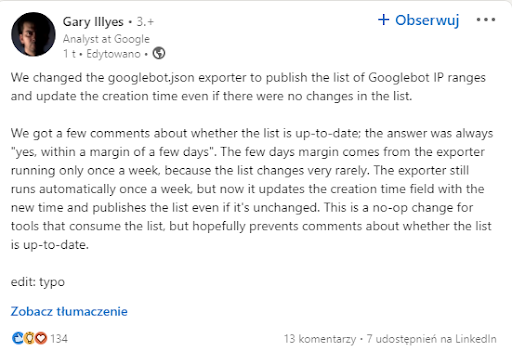 post Garyego Illyesa informujący, że lista adresów IP Googlebota jest aktualna