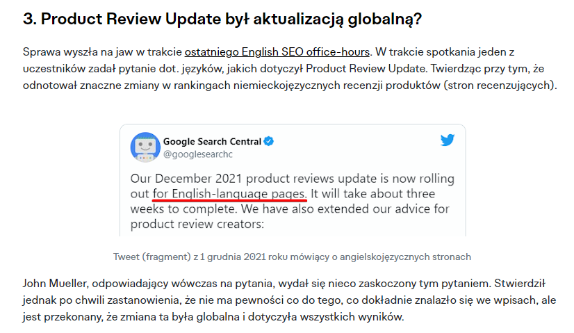 akutalizacje algorytmów Google - fragment SEO News Top Online o December 2021 Product Review Update
